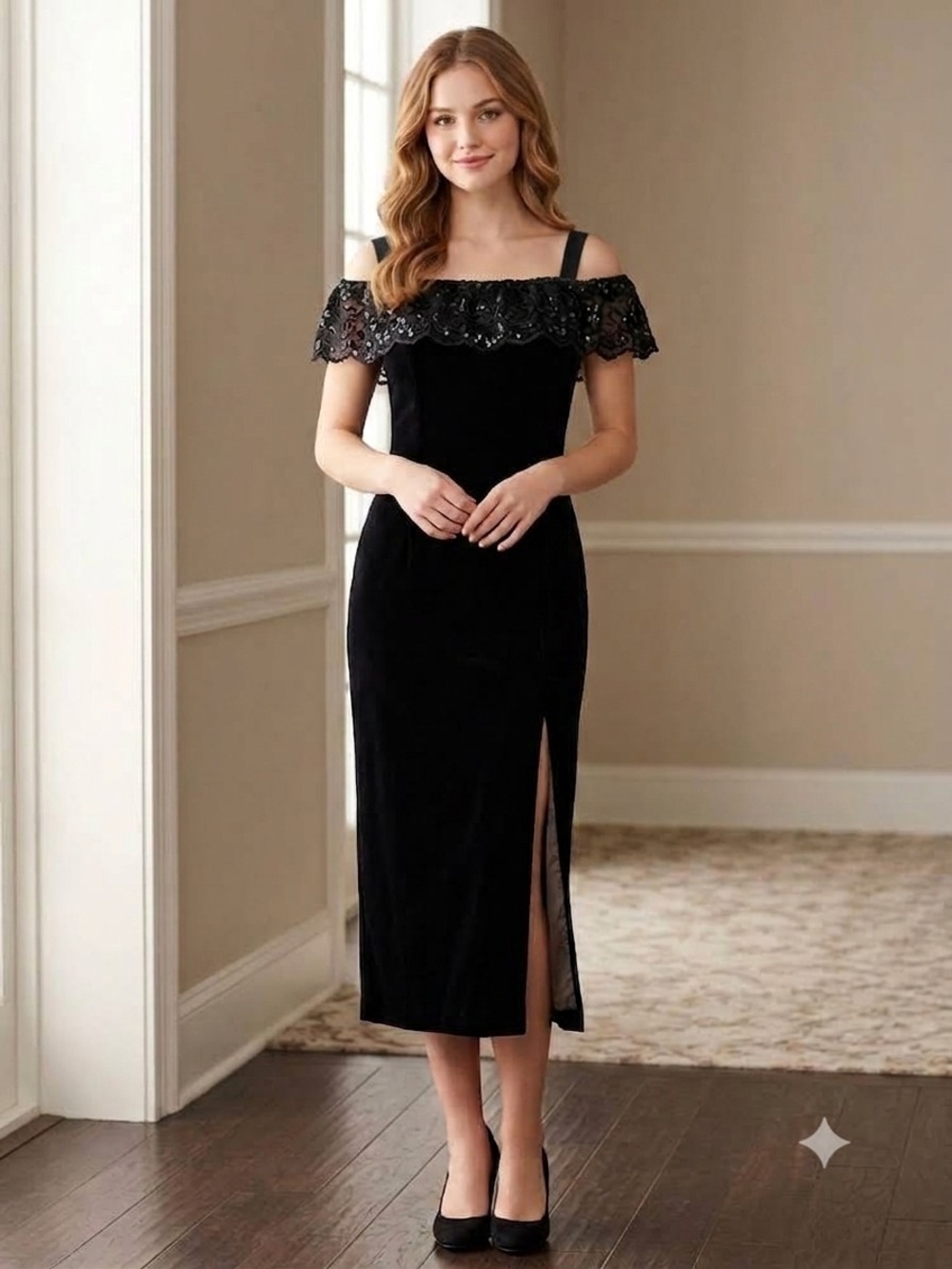 Elegant Black One-Shoulder Midi Dress with Lace Off-Shoulder Detail